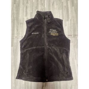 COLUMBIA Fleece Vest Full Zip Black Womens Sz M Pockets “Deja Brew Coffee” Logo